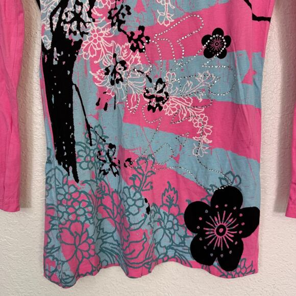 Christian Audigier Crystal Rock Y2K Shirt Womens Small Tokyo Sun Cherry Blossom - Picture 7 of 16